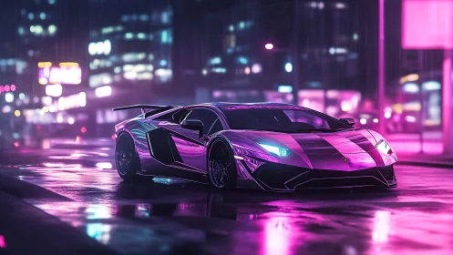 Neon-laminated supercar under rain-soaked urban luminance.