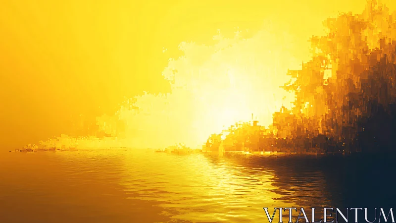 Pixel-fragmented shoreline sunset with high-intensity yellow bloom