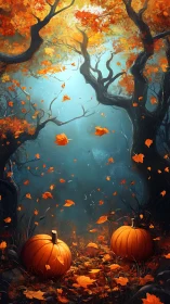 Autumn forest corridor frames pumpkins with cinematic depth cues