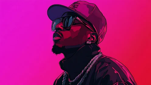 Neon gradient portrait of hip hop figure in vector silhouette