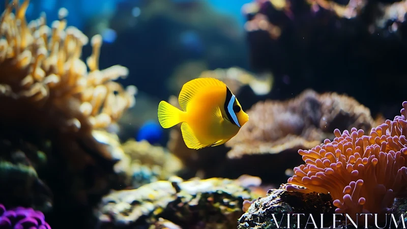 Golden reef wanderer gliding through coral daydreams.