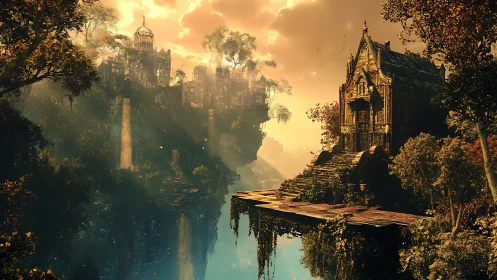 Sunlit floating citadel and temple rendered in epic fantasy detail