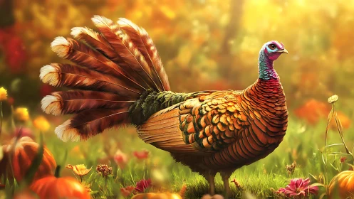 Wild Turkey with Fanned Tail Feathers in Wildflower Meadow