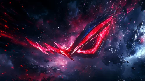 Neon crimson emblem slicing through cosmic stormfield.