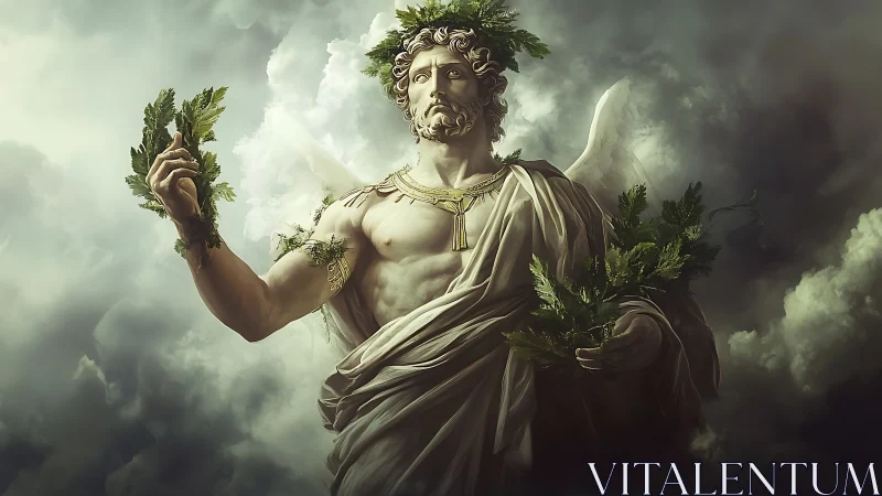 Winged storm deity rises through turbulent emerald clouds.