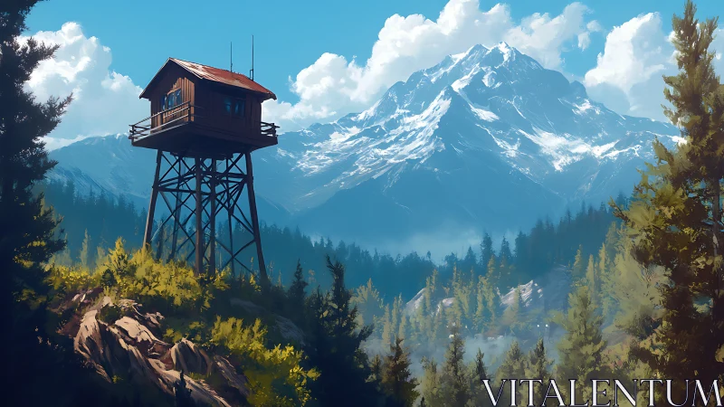 Cozy mountain lookout cabin above a sunlit forest valley.