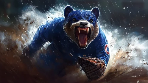 Blue-uniformed bear-like figure lunging through wet infield.