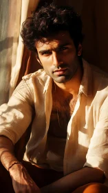 Moody male portrait in warm windowside golden hour light.