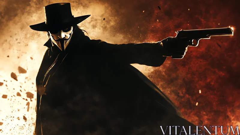 Masked gunslinger strides through shrapnel kissed twilight.