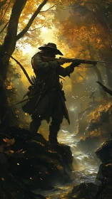 Lone ranger steadies his rifle above a glowing forest stream