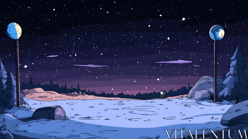 Starry winter field under twin moon streetlamps.