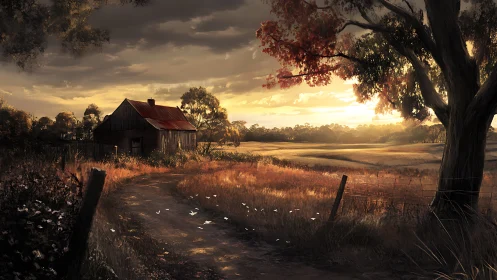 Low-sun rural homestead with dirt track and volumetric light gradients