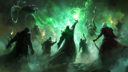 Arcane warband channeling emerald ether against void entities.