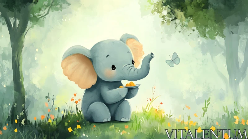 Tiny picnic elephant greeting a shy forest butterfly friend.