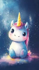 Cute cartoon unicorn character sits against starry backdrop