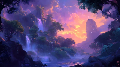 Luminous tropical waterfalls in cinematic fantasy landscape.