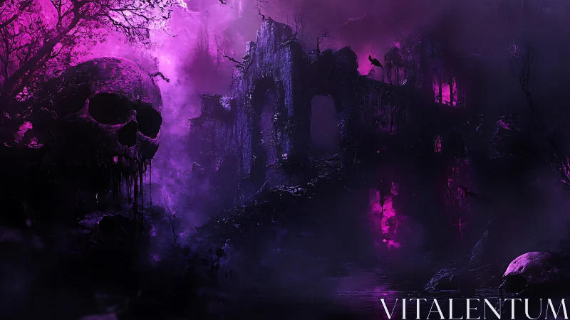 Glimmering purple ruins rise through mist in a haunted valley