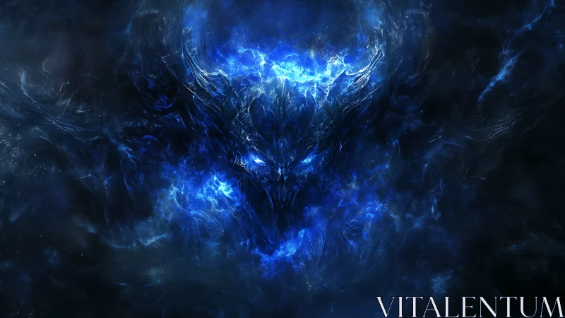 Blue nebulous skull form within turbulent cosmic field.