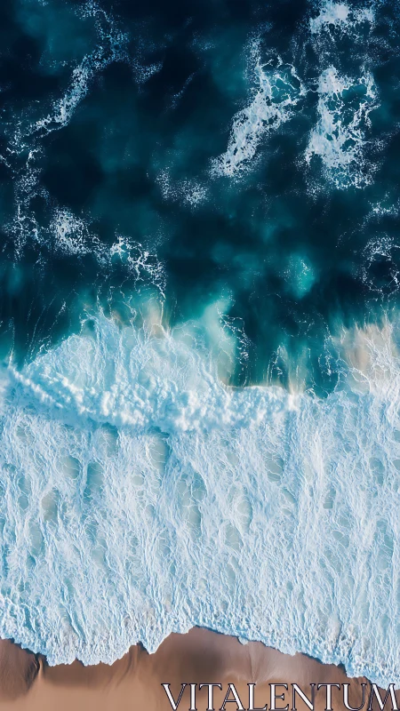 Vertical aerial surf study with layered coastal wave structure.