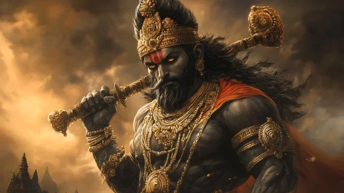 Warrior deity towers under stormlit sky, mace raised high.