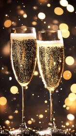 Two champagne flutes with bubbles and defocused lights.