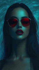 Neon-lit woman with red sunglasses in teal glow portrait.