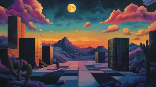 Geometric platforms and towers under moonlit desert sky.