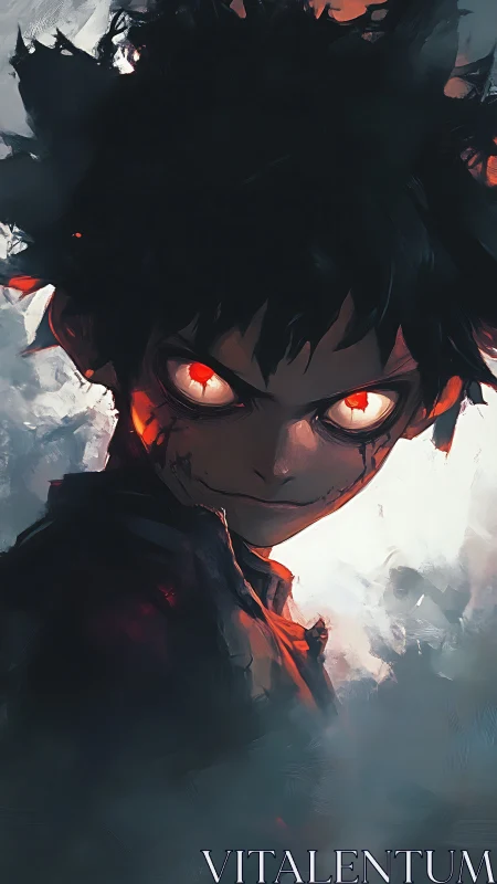 Intense anime boy with glowing red eyes in smoky scene.