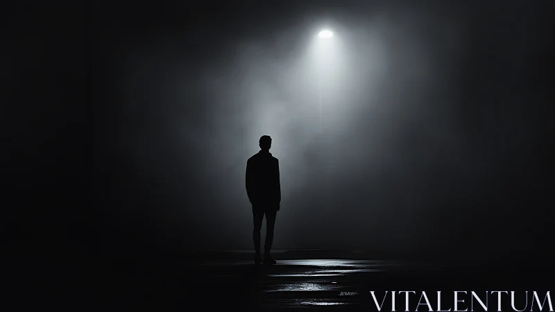 Lone night wanderer pausing beneath a reluctant streetlamp.