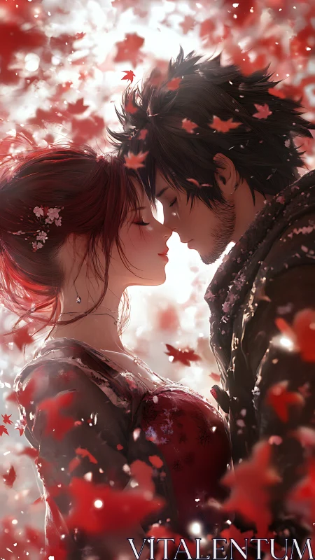 Lovers embrace within swirling red petals and luminescent particles.