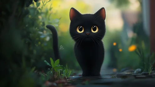 Black Cat with Golden Eyes in Botanical Garden Setting.