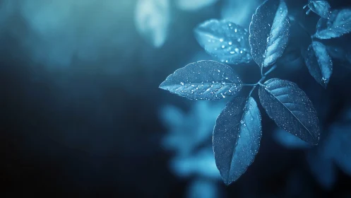 Water droplets rest on backlit blue-toned leaves at night