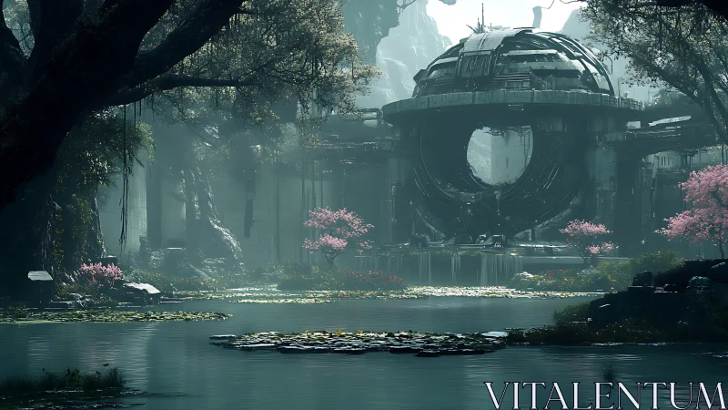 Forgotten orbiting temple dreams beneath misty cherry trees