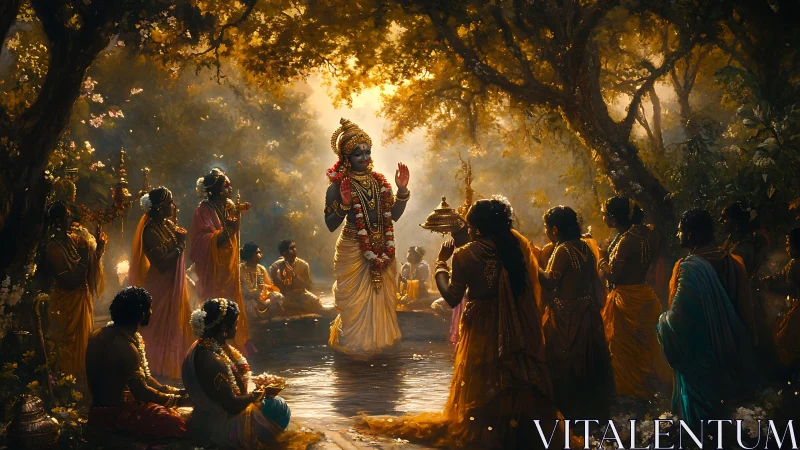 Divine figure with attendants in forest water ritual scene.