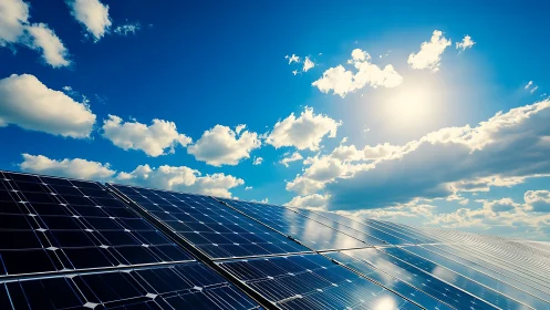 Solar photovoltaic array under vivid midday sky perspective.