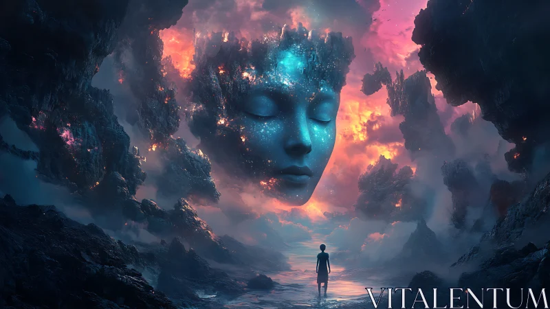 Surreal cosmic visage above lone figure in nebular canyon.