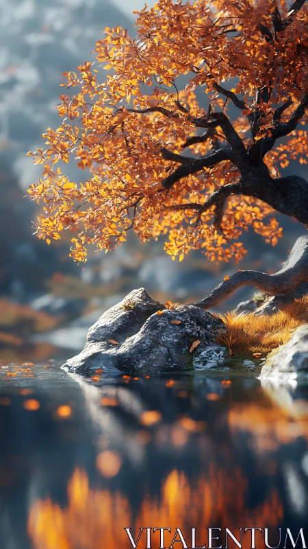 Golden autumn tree leans over a tranquil reflective lakeside