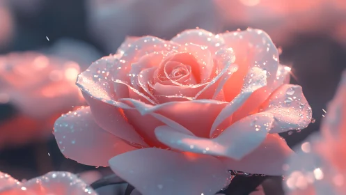 Coral Rose with Dewdrops in Sunlight.