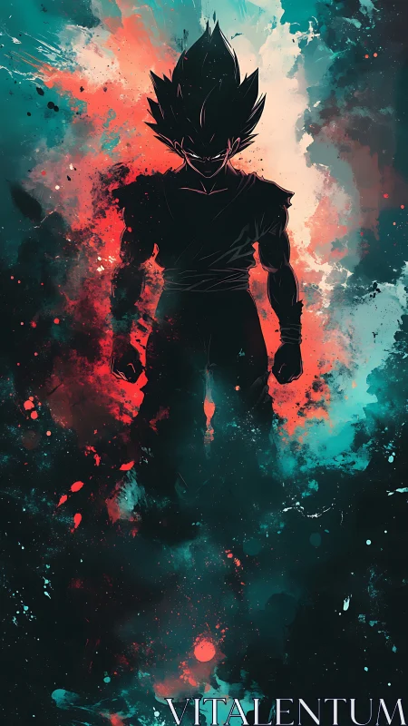 Silhouetted warrior stands within explosive teal and red aura
