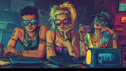 Neon-lit retro hackers at workbench with vintage terminals