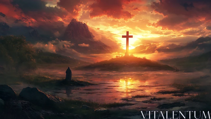 Digital painting of illuminated cross at sunset over misted lake.