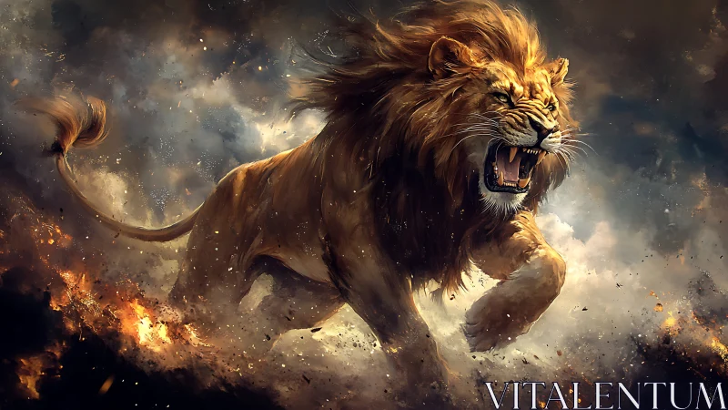 Dynamic digital painting of roaring lion in explosive storm.