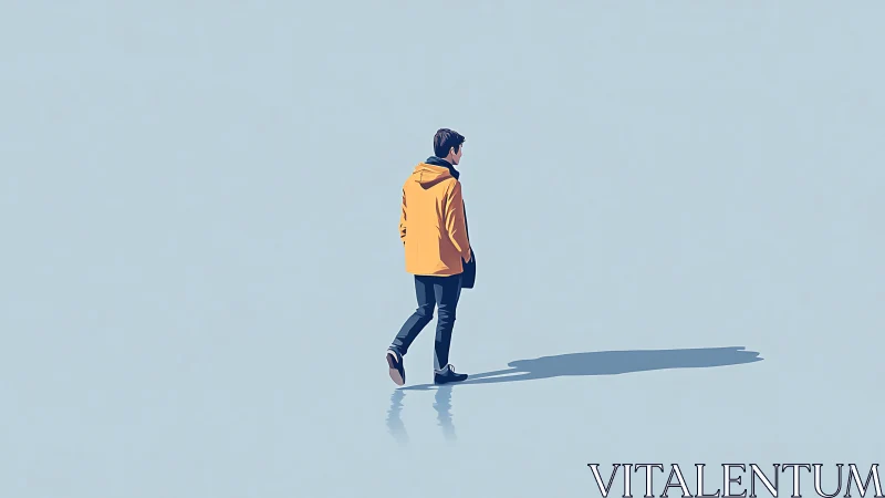 Isolated figure in yellow jacket casts elongated directional shadow