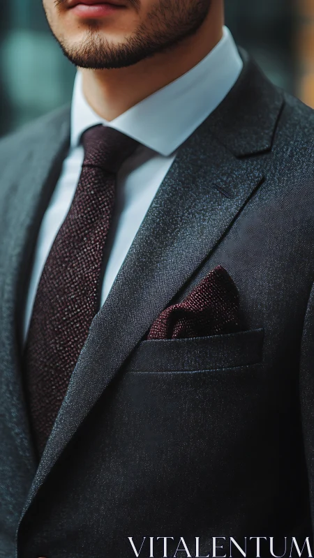 Midnight suit and burgundy details sharpen modern elegance.