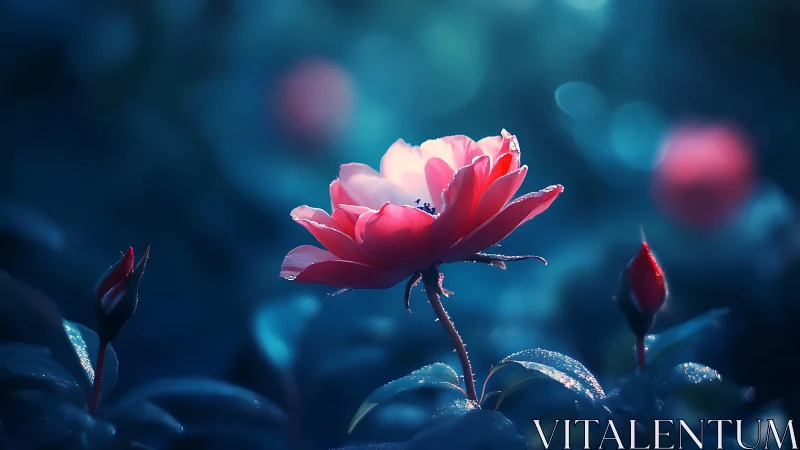 Red flower bloom with water droplets against blurred dark background.