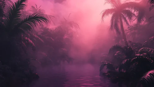 Neon mist swallows a dreamlike jungle river at twilight