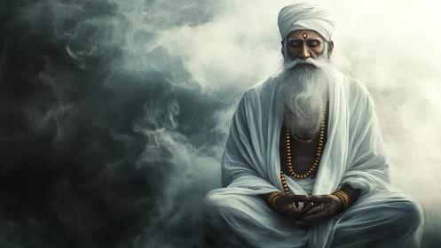 Elderly bearded man in white robes seated amid diffuse smoke.