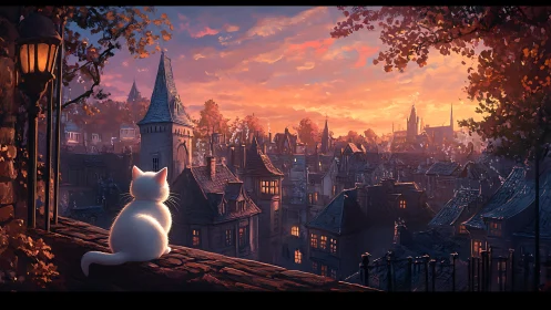 White Cat Watches Over Medieval City at Sunset.