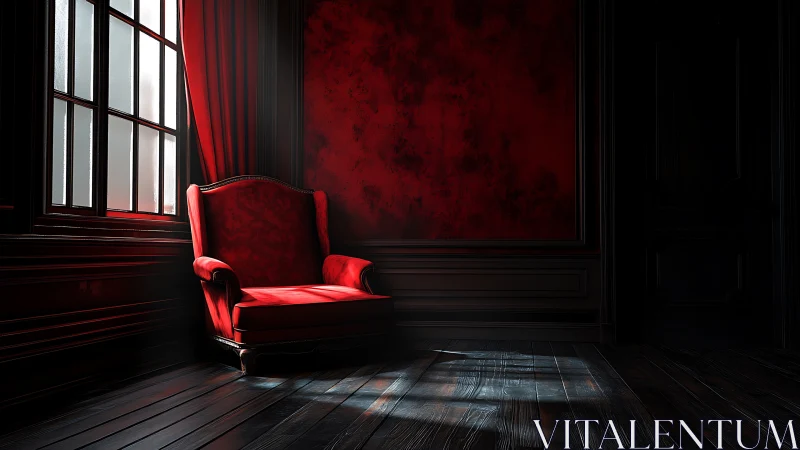 Velvet red armchair glowing softly in a quiet shadowed room.