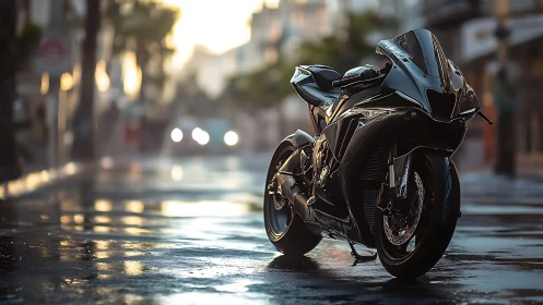 Photorealistic superbike on wet urban street at sunset lighting.